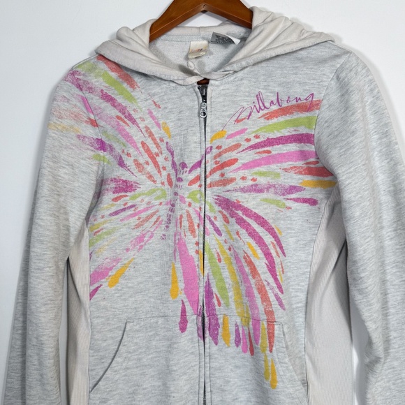 Billabong Y2K Light Grey Zip Up Hoodie Women's XL Butterfly Boho Logo - Picture 8 of 12